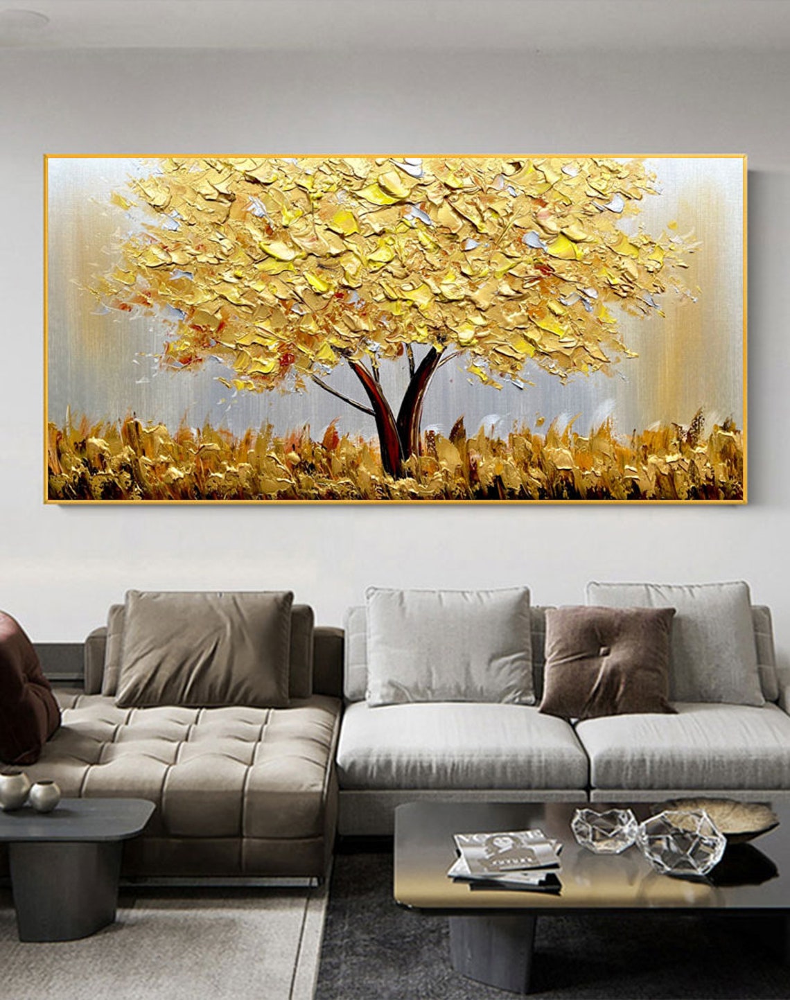 Home Decor Gold - Árbol dorado floreciente sobre lienzo, pintura